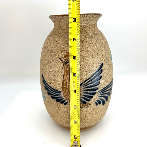 Mexican Sandstone Pottery Bird Folk Art Tonala Vase Cobalt Blue Brown Signed - Picture 7 of 8
